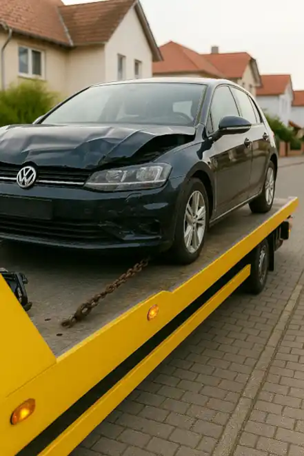 Ein defektes Auto, das in Bocholt zum Autoankauf abgeschleppt wird und trotz seines Zustands einen attraktiven Preis erzielen kann.